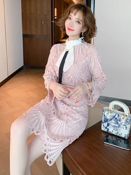 

Water Soluble Lace Cutout Embroidered Elegant Bow Tie Waist Hugging Dress Women's 2020 Early Autumn New Style