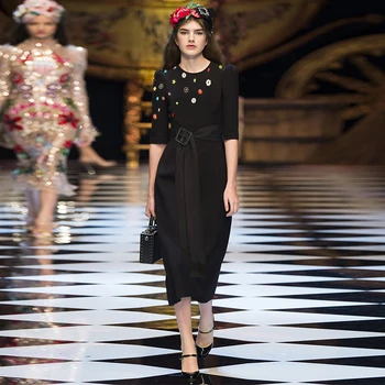 

Elegant Black O Neck Three Quarter Sleeve Flower Appliques Long Dress Dress 2020 New Vintage Spring Autumn Ladies Dresses Belt