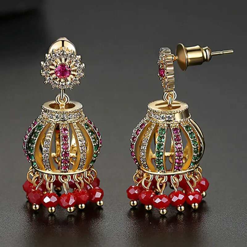 Индийские женские серьги Jhumka Jhumki, циркониевые колокольчики, висячие серьги, этнические, праздничные ювелирные изделия, подарок на Рождество