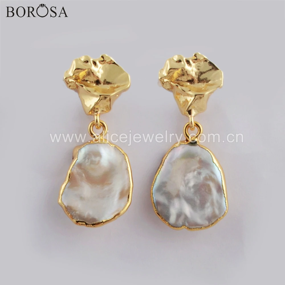 BOROSA, Прямая поставка, позолоченные, произвольная форма, натуральный пресноводный жемчуг, висячие серьги, натуральный жемчуг, висячие серьги, ювелирное изделие для подарка G1780