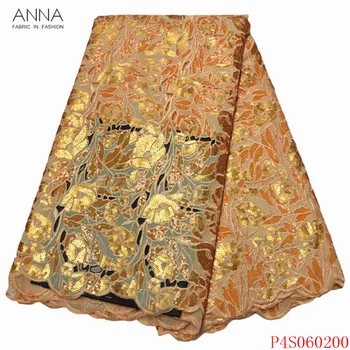 

Anna golden yellow african organza lace fabric embroidery with stones hollow design nigerian laces french sequin fabrics for DIY