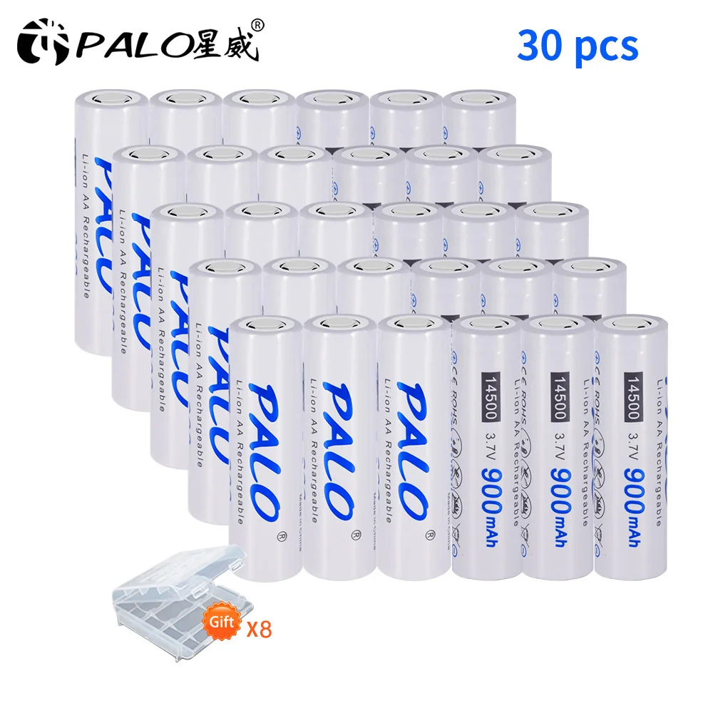 30pcs PALO 14500 батарея 900mAh 3,7 V литий-ионная аккумуляторная батарея AA батарея литиевая батарея для светодиодных фонарей Налобные фонарики игрушки верхняя голова - Цвет: 30pcs