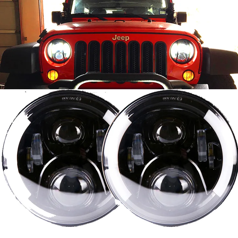 

1 Pair 7" Inch Round LED Headlights Halo Angle Eyes For Jeep Wrangler JK LJ TJ CJ For Lada 4x4 urban Niva UAZ suzuki samurai