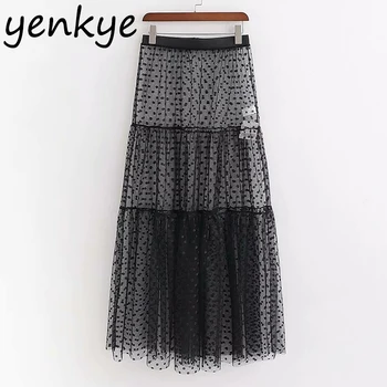 

Sexy Semi-Sheer Vintage Polka Dot Mesh Skirt Romantic Lady Elastic High Waist Long Maxi Skirt Summer Sunscreen skirt faldas