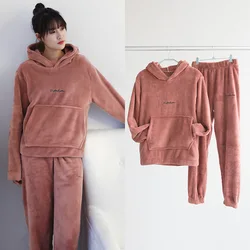 Two Piece Sets Sleepwear Women Solid Loose Home Warm Thick Hooded Comfort Pants Fall/Winter Fashion Breathable Casual Pajama Set