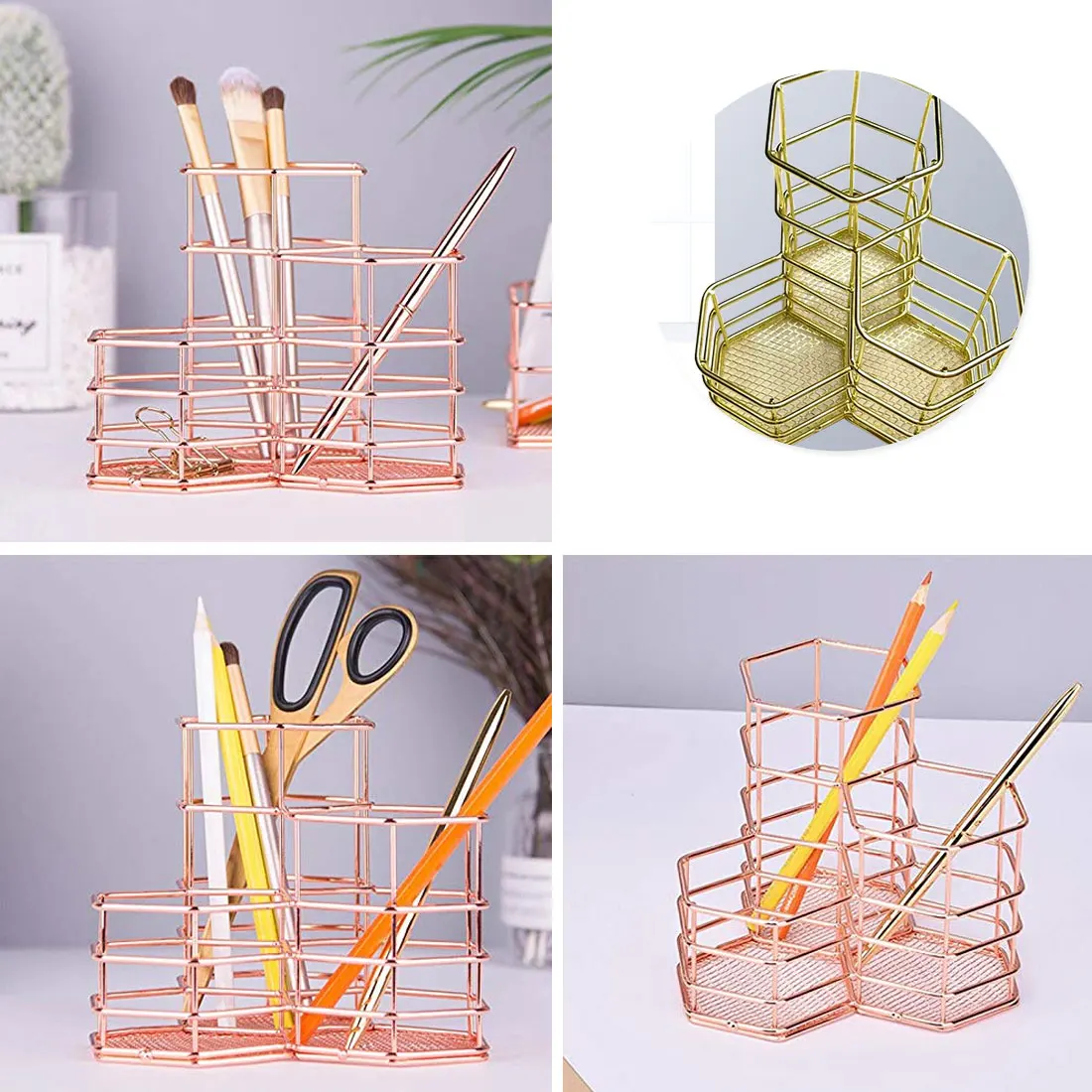 Home Office Table Organizer Hollow Hexagon Pen Holder Creative Makeup Brush Organizer Stationery Storage Container