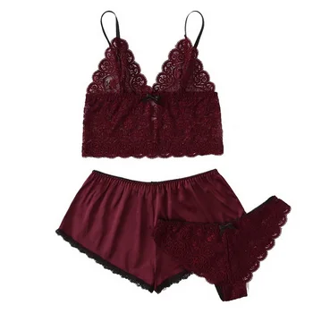 

MoneRffi 2020 Sexy Women Pajama Sets Sleepwear 2Pcs Sleeveless Balck Lace Trim Satin Cami Top Strap&Shorts Nightwears NightGowns