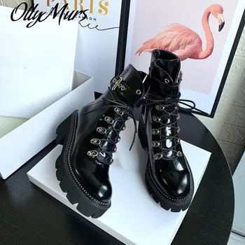 

Ollymurs Boots Women Motorcycle Boots Mental Buckle Lace-up Platform 2020 New Luxury Brand Designer Zapatos Mujer