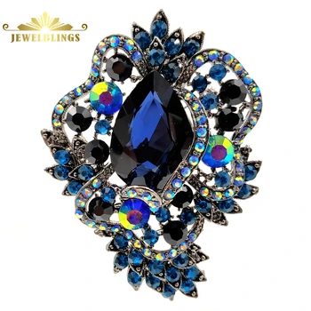 

Luxury Vintage AB Accent Dark Blue Rhinestone Statement Teardrop Shaped Leaf Brooches Pins for Women Formal Dress Gown Jewelry
