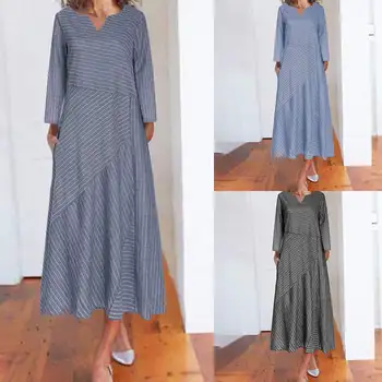 

Celmia Plus Size Striped Vintage Dress Women V Neck Long Sleeve Pleated Shirt Dresses Casual Loose Maxi Vestidos Robe Femme 7