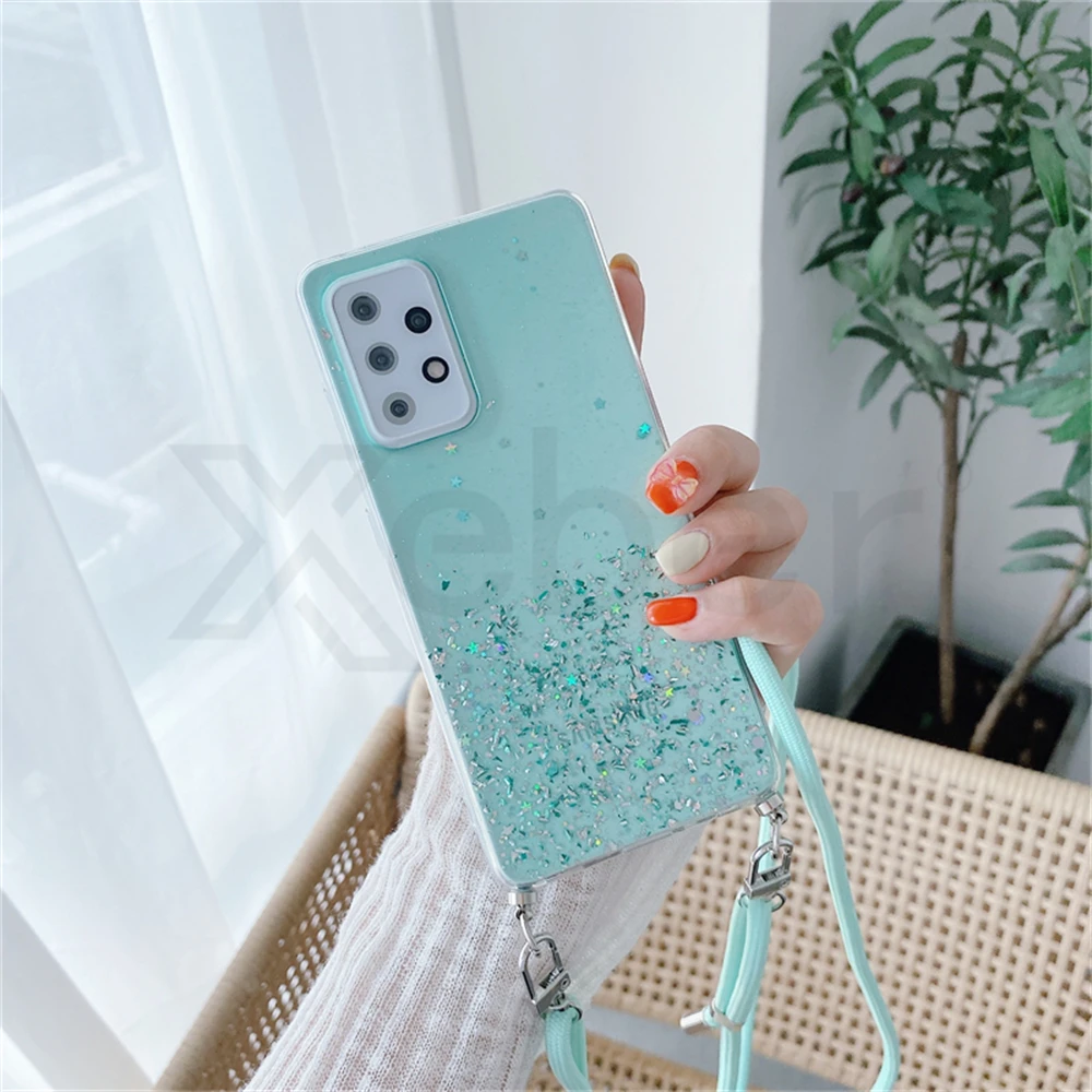 Crossbody Lanyard Strap Glitter Cell Phone Case with Silicone Cover
