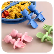 2 unids/set de silicona bebé juego de tenedor cuchara de dibujos animados oso bebé lindo aprendizaje almuerzo cuchara comer tenedor
