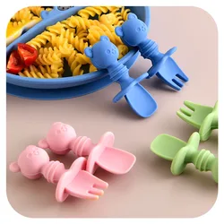 2 unids/set de silicona bebé juego de tenedor cuchara de dibujos animados oso bebé lindo aprendizaje almuerzo cuchara comer tenedor