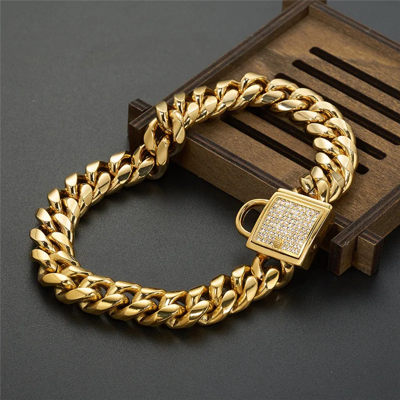 14mm Stainless Steel Titanium Steel Dog Chain Collar Encryption Micro-inlaid Zircon Lock Pet Metal Necklace Stuff for Pug Pitbul