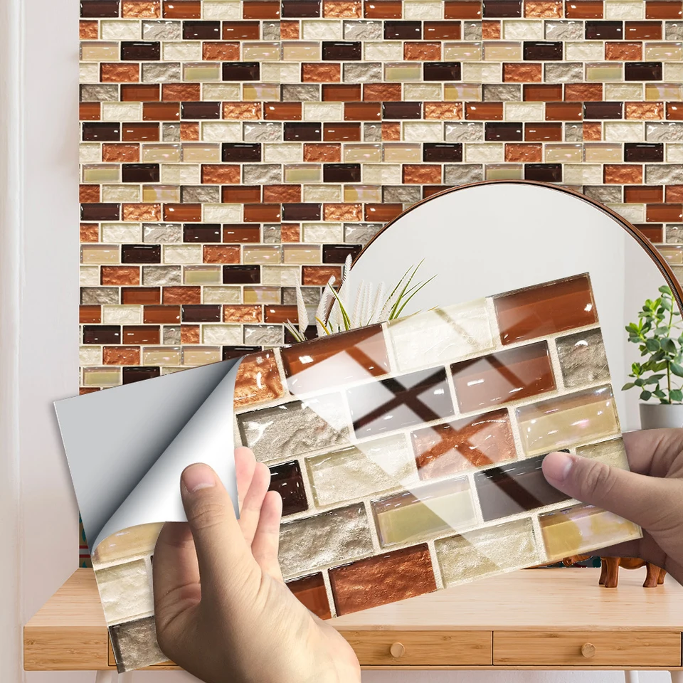 10pcst/set Wood Color Rectangle Simulation Wall Tiles Wall Sticker Kitchen  Washbasin Decoration Shine Surface Vinly Art Mural