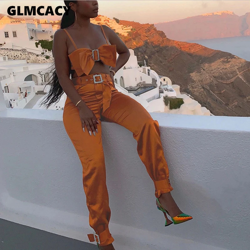 Women Two Piece Bow Down Bishes Set Diamond Buckle Top& High Waist Zipper Button Trouser Pant Set Sexy Partty Clubwear - Цвет: Оранжевый