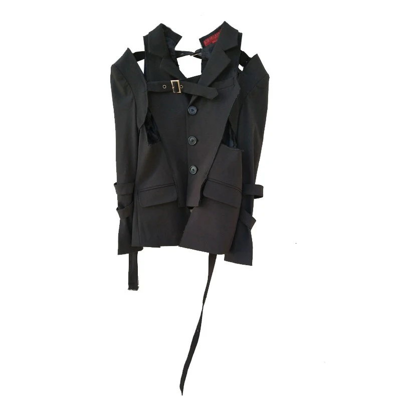 [EAM] Женская Черная футболка без бретелек, с вырезами, на пуговицах, новинка, квадратная, с длинным рукавом, модная, весна-осень, 1A347