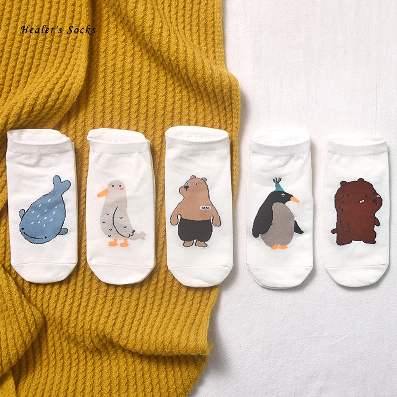 

Hot Fashion Men and Women Socks Cotton Color Cartoon Bear Penguin Whale Breathable Soft Casual Happy Art Funny Girls Ankle Socks