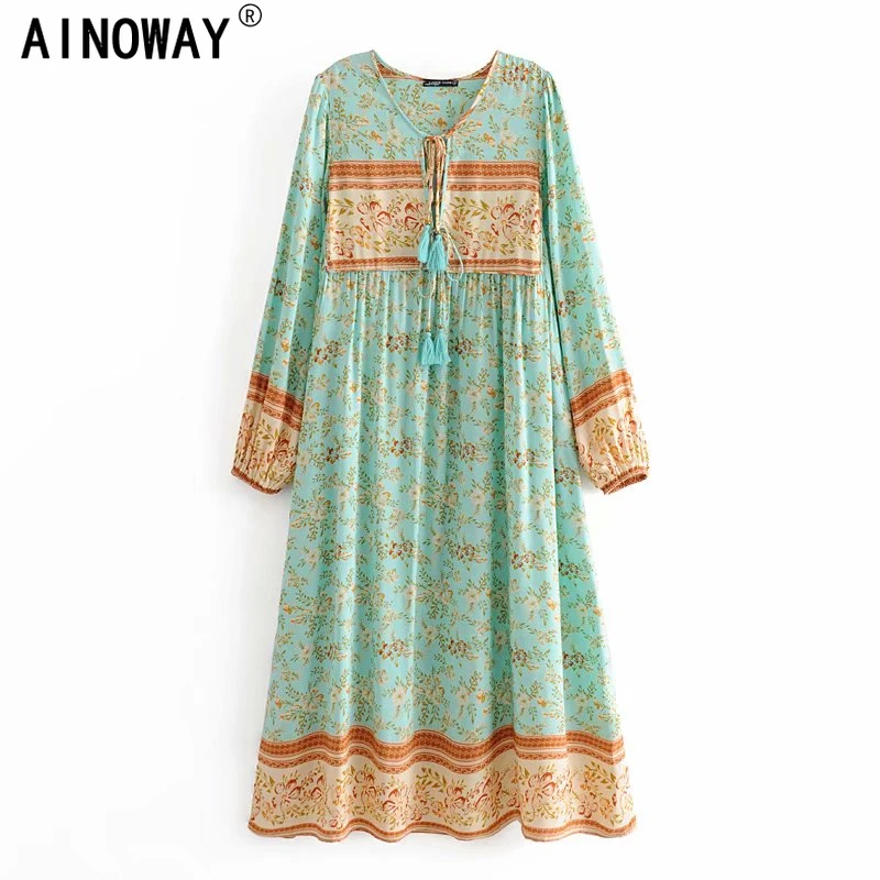 

Vintage chic women elegant lace-up tassel floral print beach long Bohemian Midi dress Ladies rayon Boho dress vestidos