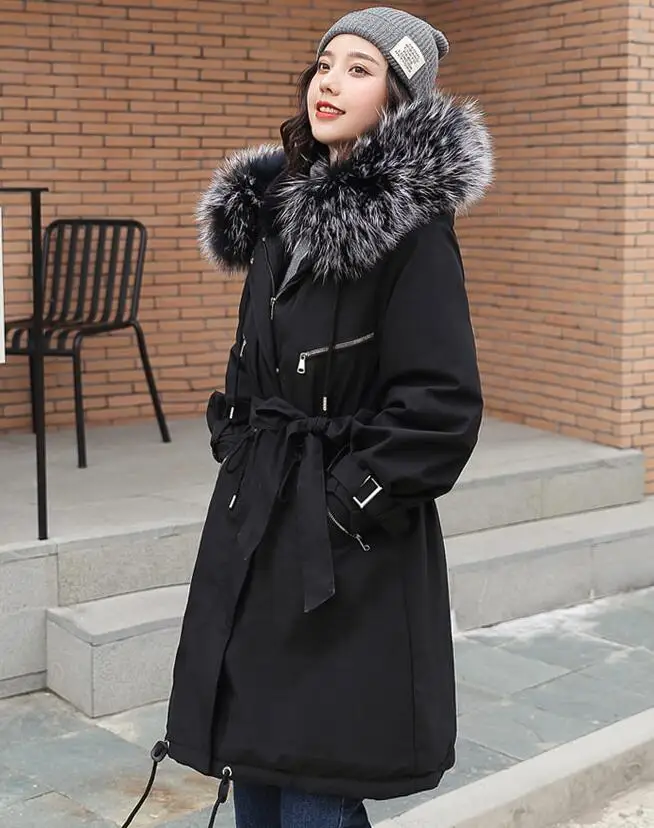 Женская зимняя куртка с большим меховым капюшоном, Новое поступление, женское длинное зимнее пальто, парка с меховой подкладкой
