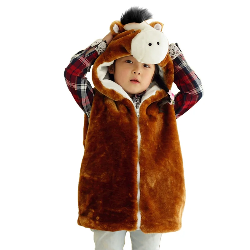 

DOUBCHOW Unisex Children's Cartoon Horse Pattern Winter Hooded Vest Coat Kids Girls Boys Plush Costume Outwear Vest 2017 Fashion