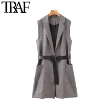 TRAF, Женская винтажная стильная офисная одежда, жилет с рисунком "гусиная лапка", модный жилет без рукавов с поясом, клетчатый женский жилет, верхняя одежда, шикарные топы