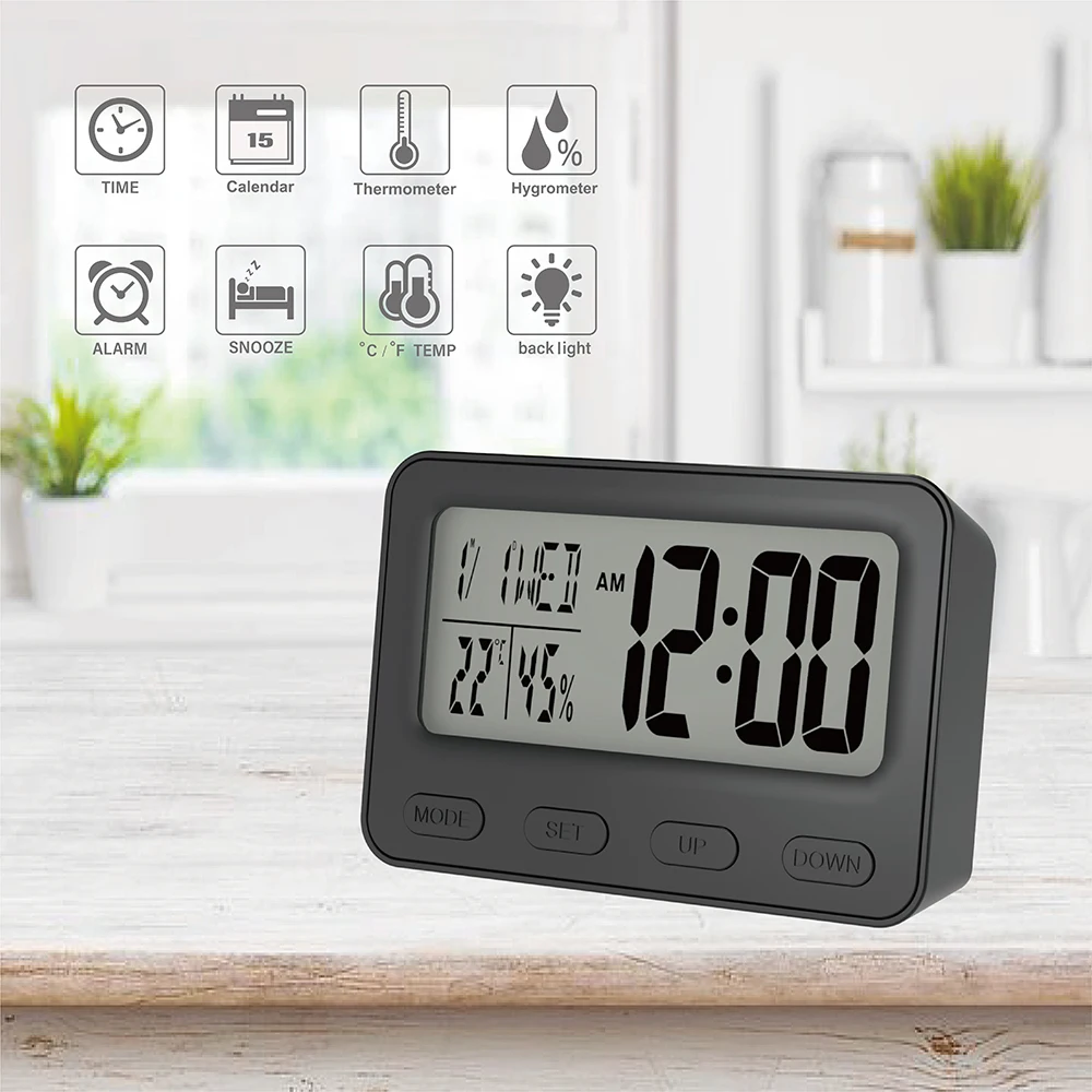 Electronic kids bedside wake up alarm clock digital LCD desk clock with indoor thermometer and hygrometer calendar and snooze lcd digital clock digital desk clock digital table clock