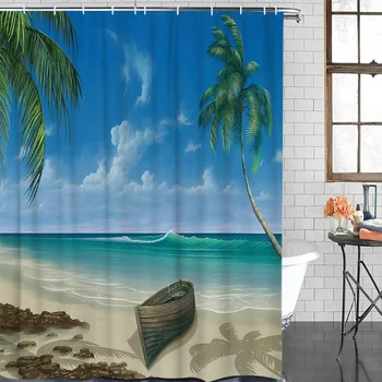 

Summer Palm Trees Ocean Beach Boat New Waterproof Shower Curtain with Hook for Home Decoration Bathroom Supplies