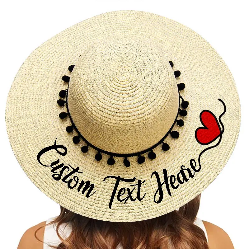 Вышивка, индивидуальный текст, логотип сердца, ваше имя, женская шляпа от солнца с большими полями, соломенная шляпа для улицы, пляжная шляпа с помпоном, летние шапки