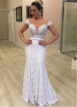 

2020 Simple Full Lace Mermaid Wedding Dresses Elegant Illusion Off Shoulder White Bridal Gowns Plus Size Cheap Bride Dress