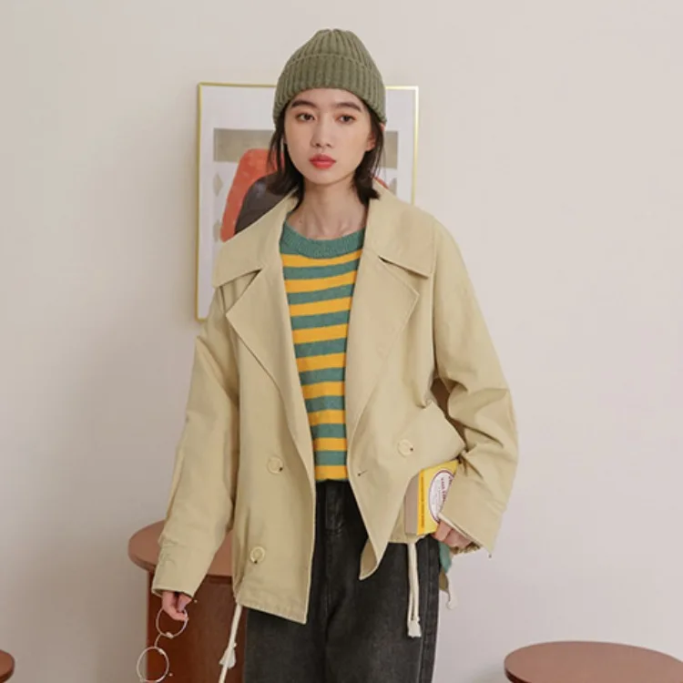 

2019 Autumn Korean-style Simple CHIC Hong Kong Style Loose-Fit Large Lapel Drawstring Short Trench Coat Women's Dress Jacket