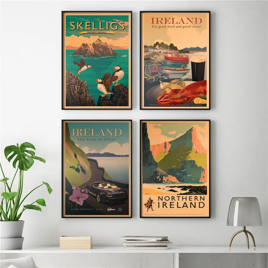 

Ireland Scenic Spots Vintage Hand Painted Kraft Paper Poster Wall Sticker Bar Cafe Pub Living Room Bedroom House Decor42x30cm