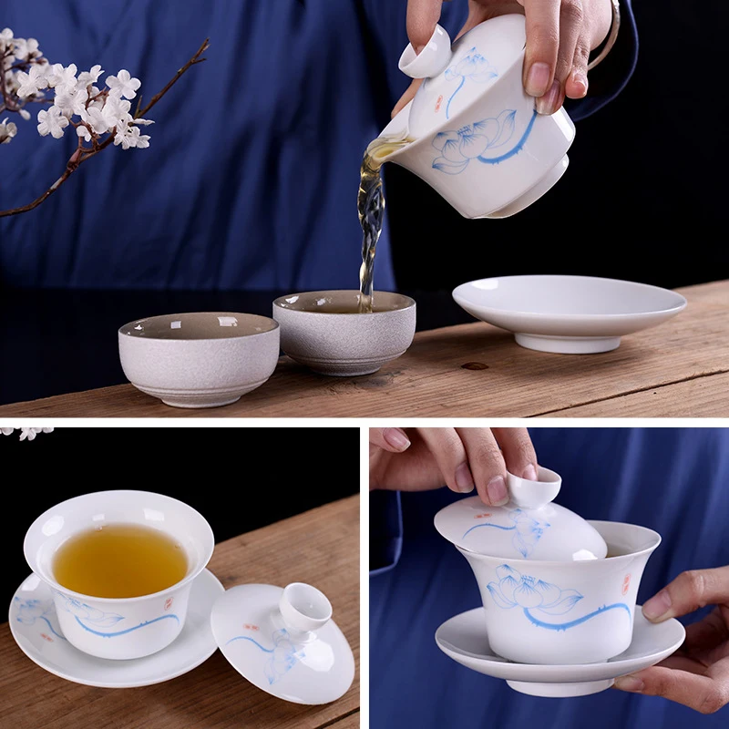 Ручная роспись синий и белый фарфор gaiwan чайная тарелка китайская ...
