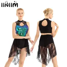 Ballet Dance Wear Women Shiny Sequins Asymmetric Dance Leotard Elegant Modern Lyrical Dance Clothes Sexy Femme Gymnastic Costume