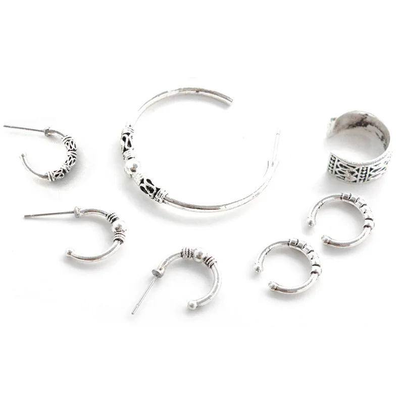 7pcs/set Vintage Bohemian Ethnic Silver Color Round Circles Stud Earrings Set For Women Fashion Ear Cartilage Cuff Piercing