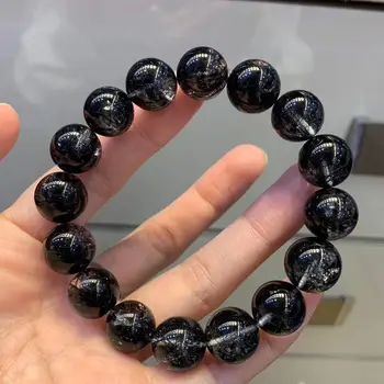 

13mm Genuine Natural Black Rutilated Quartz Crystal For Women Men Bracelet Clear Round Beads Wealthy Stone From Brazil AAAAA
