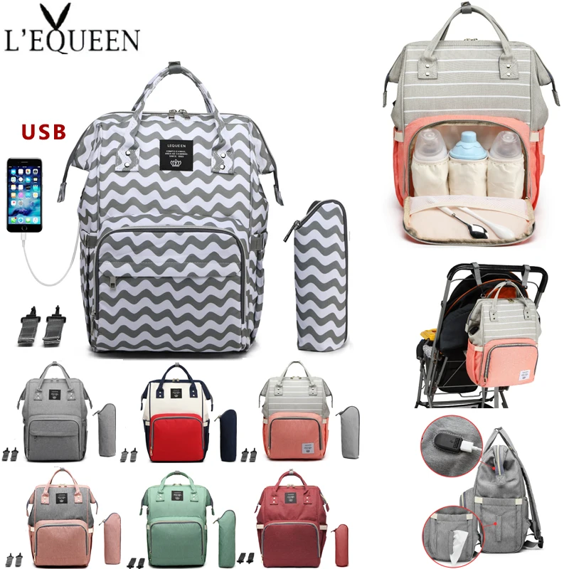 

LEQUEEN Baby Bag USB Interface Diaper bag Large Capacity Mummy Maternity bags Waterproof Travel Backpack Nursing Nappy handbag