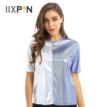 

Women Jazz Hip Hop T-shirt Tops Shiny Metallic Round Neck Short Sleeves Top Loose Holographic Blouse Tops Disco Performance Wear