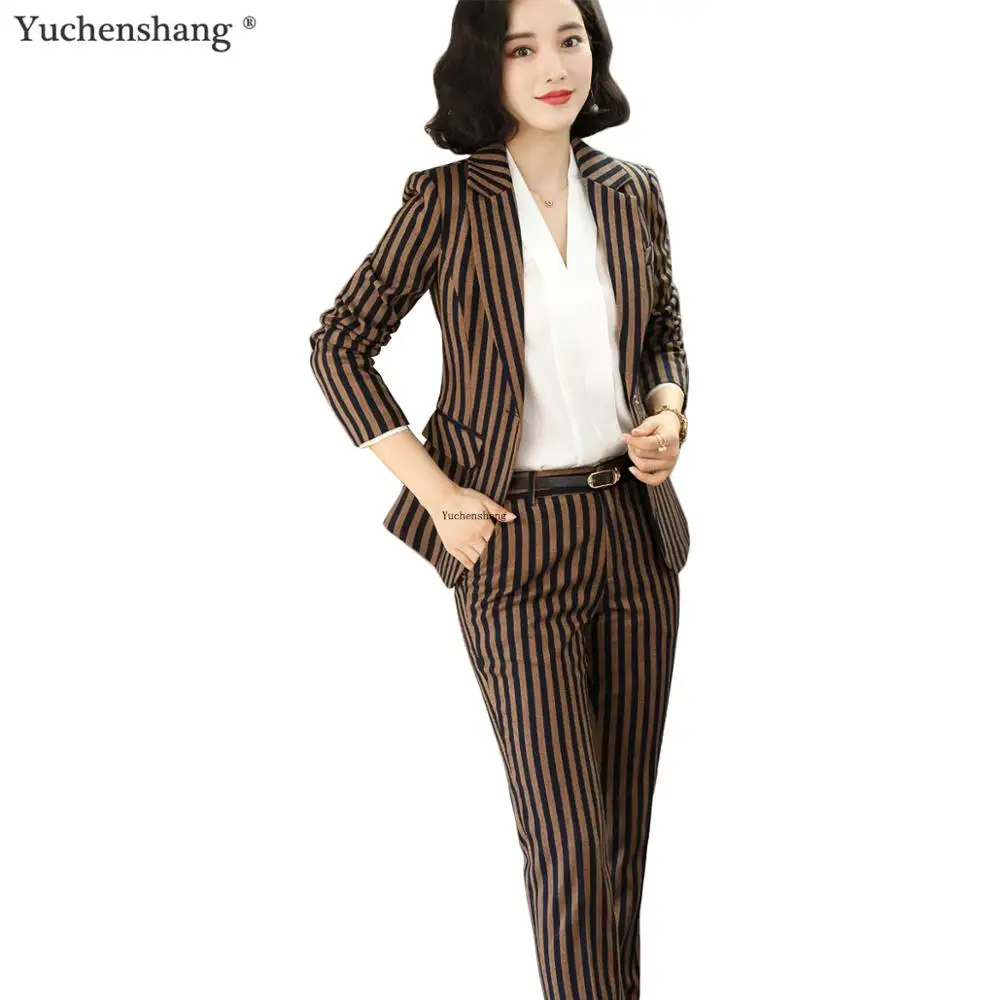 

Fashion Women One Button Striped Pant Suit Sets Slim Red Blue Blazer and Pant OL Style 2 Pieces Set S-4XL