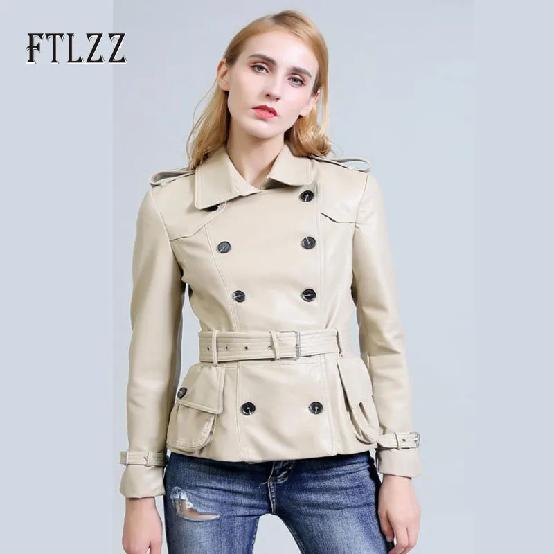 2019 New women leahter jacket autumn slim with belt turn down collar faux coat ladies double-breasted khaki PU outerwear | Женская