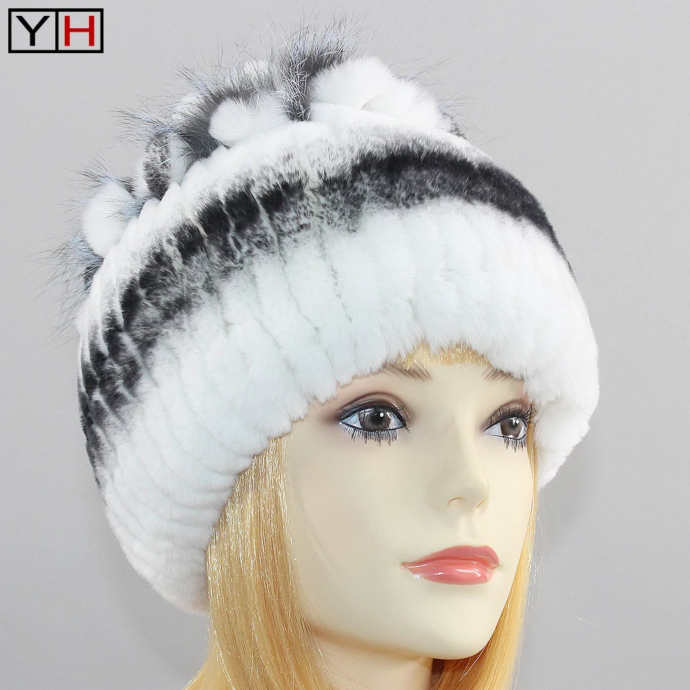 

Fashion Natural Knitted Rex Rabbit Fur Hat Winter Women Good Elastic Fur Cap Striped Head Top Flower Fox Fur Beanies Hats