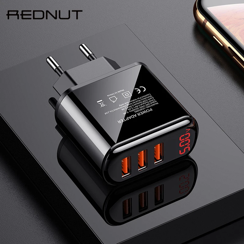 Настенное зарядное устройство REDNUT USB 18 Вт ЕС быстрое 3 порта светодиодный дисплей