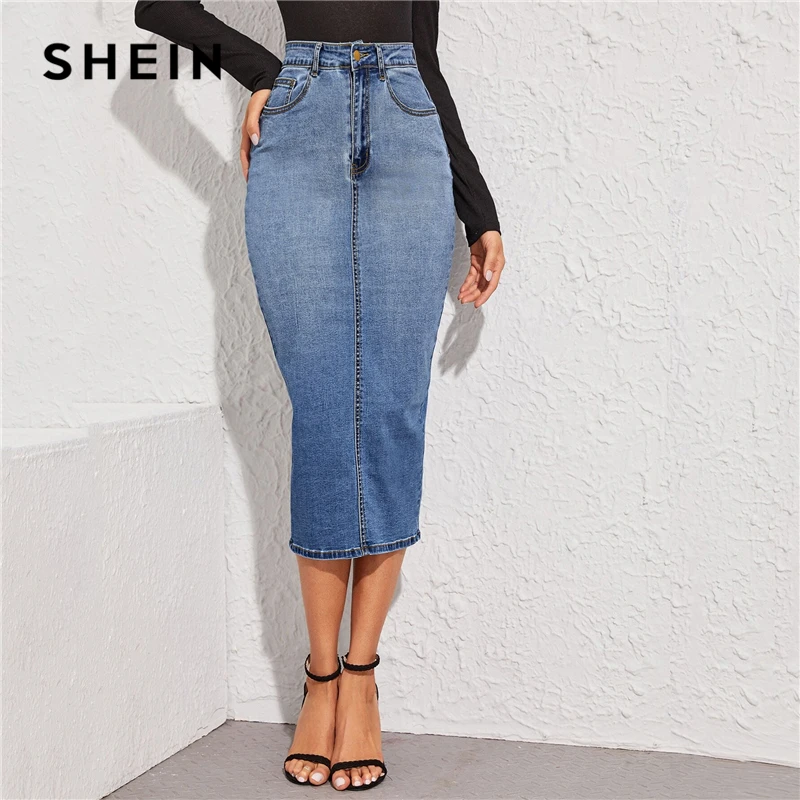 

SHEIN Blue Split Back Bodycon Denim Skirts Womens Spring Autumn High Waist Slim Fitted Casual Long Pencil Skirt
