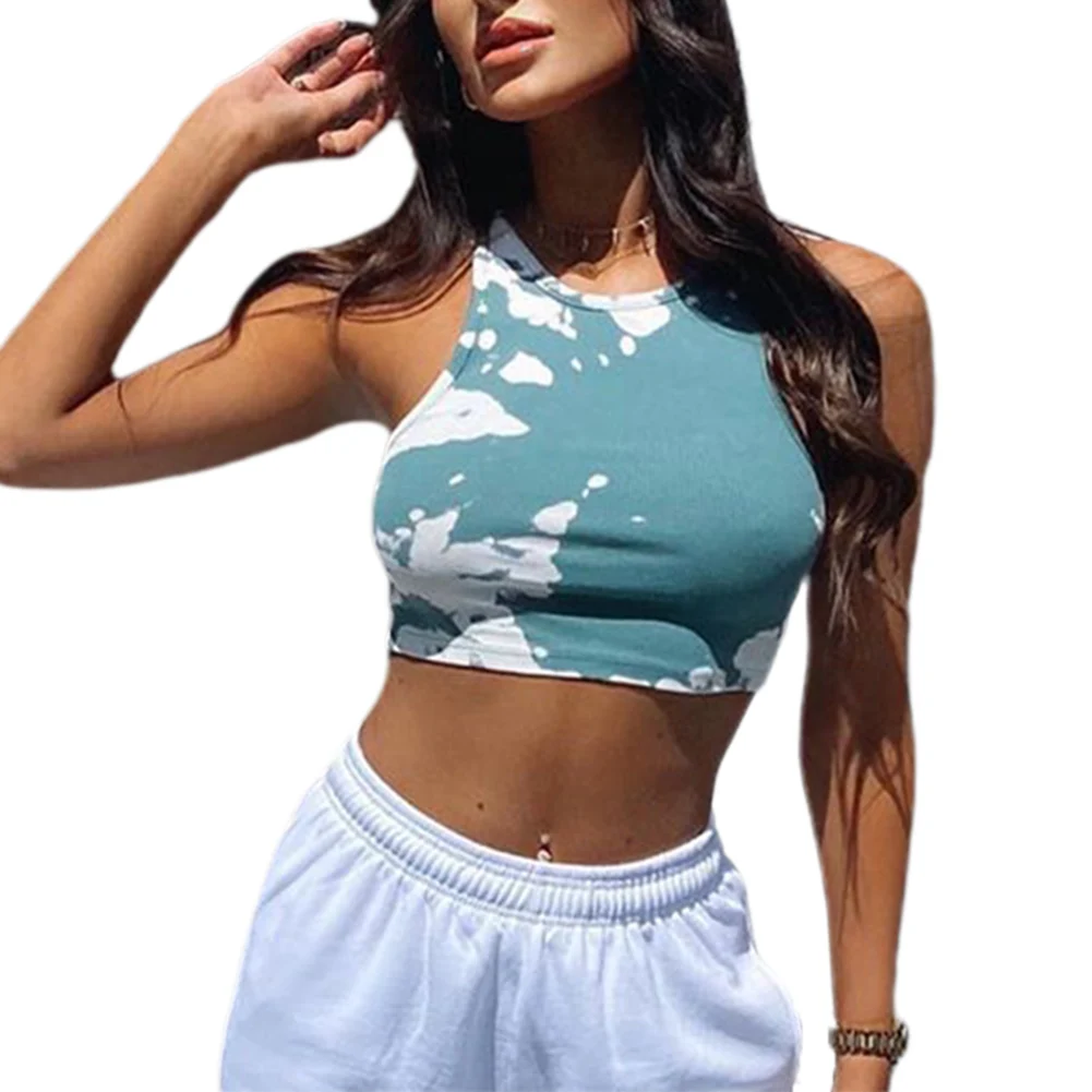 Summer Ladies Sexy Short Camisole Women Fashionable Random Dyeing Round Collar Sleeveless Slim Crop Top for Dating Vacation | Женская