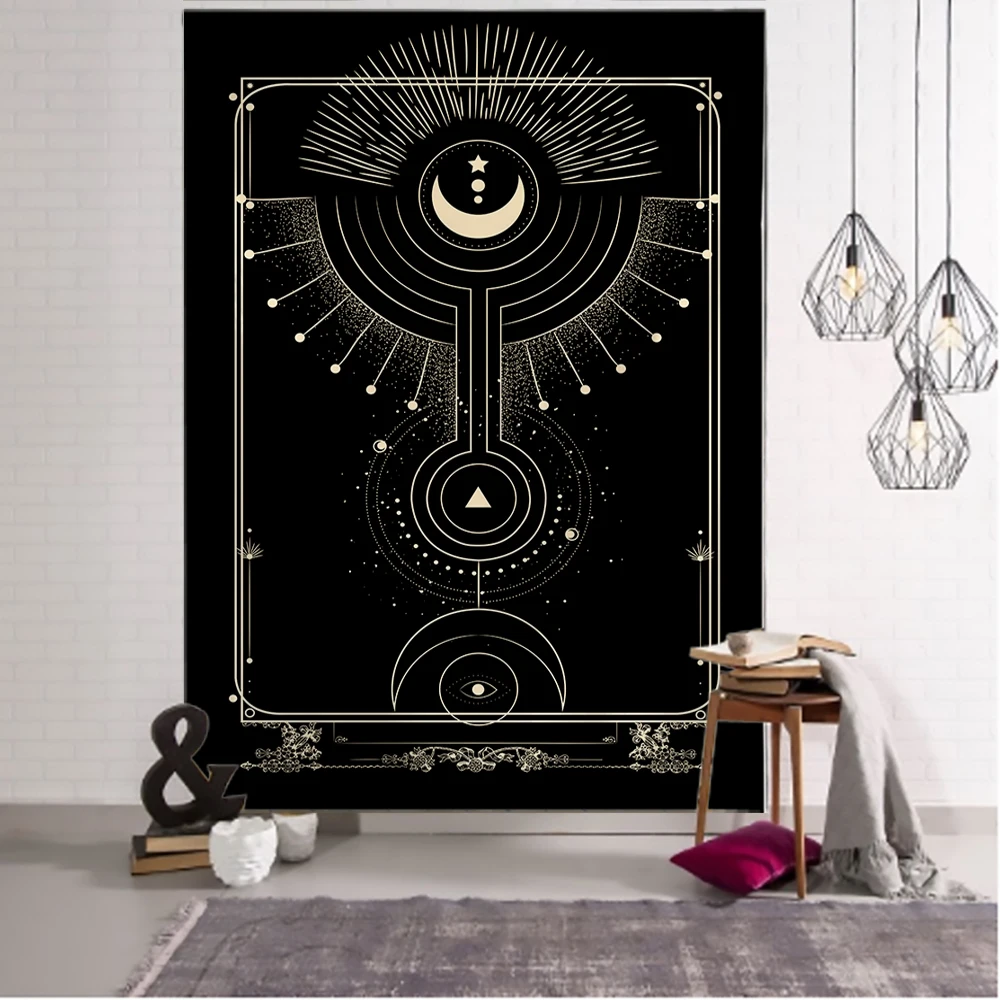 Tapestry Decor Golden Black Sun Moon Tarot Mandala Tapestry Wall Hanging Witchcraft Hippie Wall Carpets Dorm Decor Psychedelic Tapestry