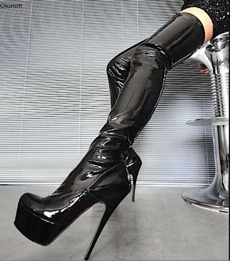 Olomm/женские облегающие высокие гибкие ботинки на платформе ботинки на высоком каблуке-шпильке черная обувь для ночного клуба с круглым носком женская обувь, большие размеры США 5-15