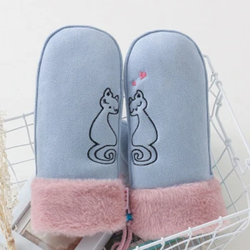

Woman winter cute cat embroidered suede leather mittens touch screen gloves velvet thicken cycling windproof warm gloves H97