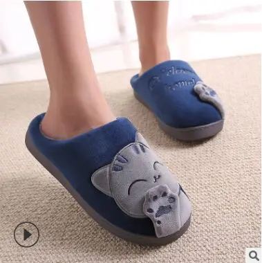 Милые тапочки с принтом кота; домашние короткие плюшевые теплые тапочки; домашняя обувь; женская обувь из мягкого хлопка; большой размер 45 - Цвет: Синий