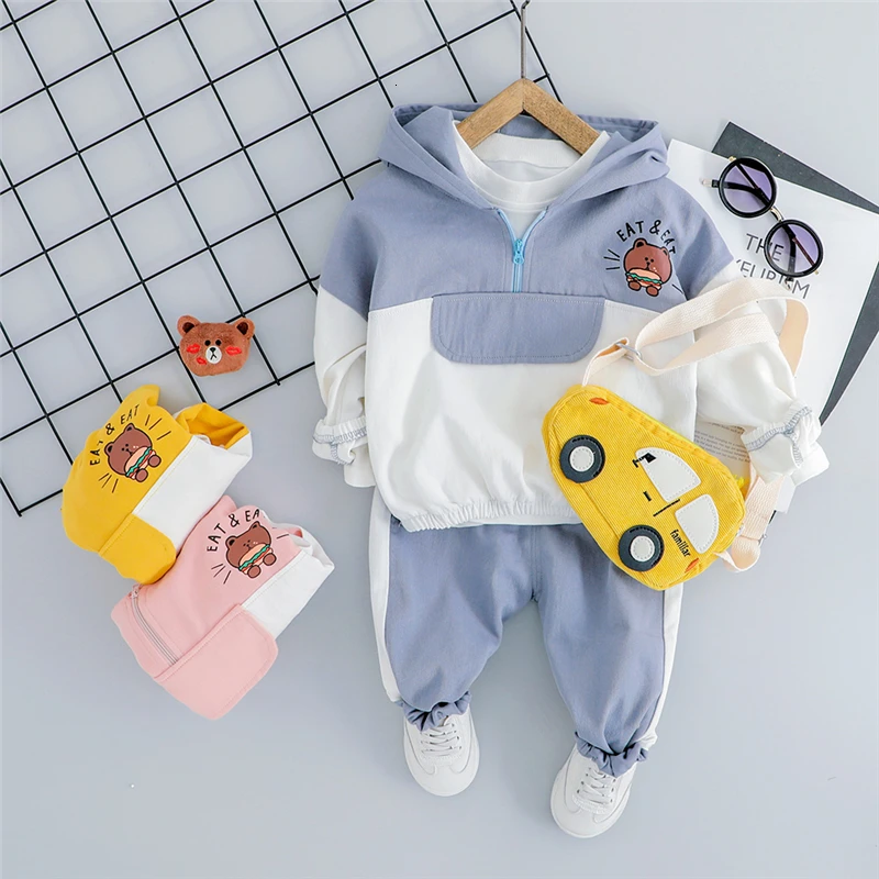 Г. Детские осенние комплекты одежды для маленьких мальчиков и девочек, одежда для младенцев, пальто с капюшоном и рисунком медведя, штаны детские костюмы из 2 предметов - Цвет: BO hanbao Blue
