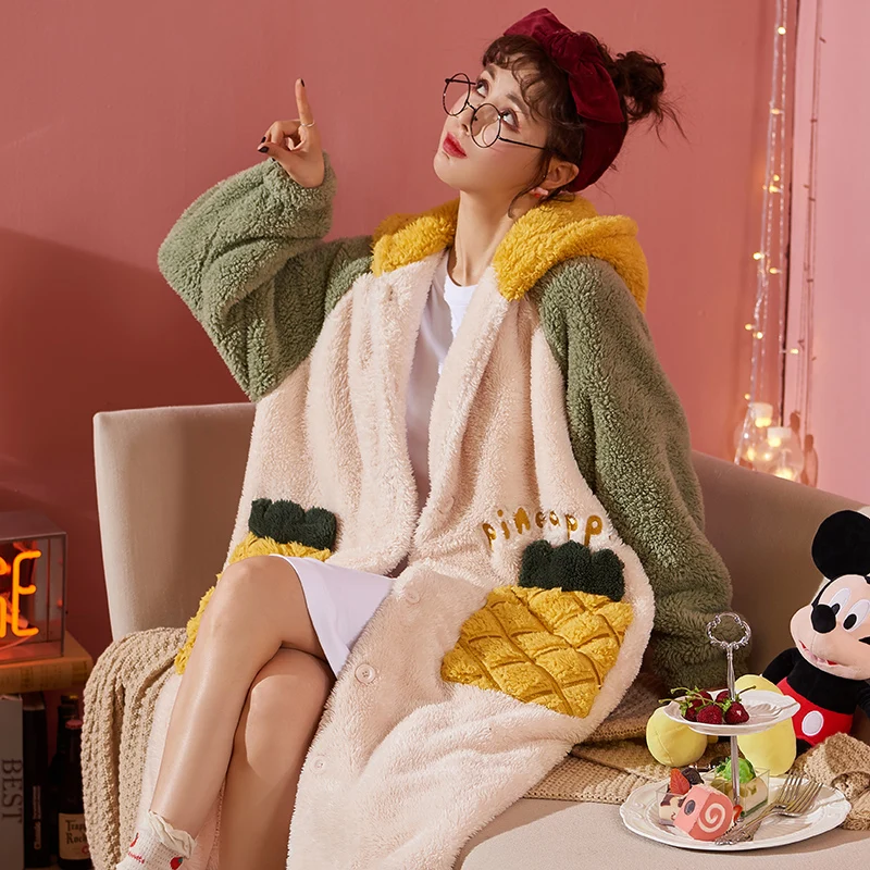 

For Woman Coral Fleece Blue New Soft Long Sleeve Homerobe Night Robe Winter Warm Front Pocket Kimono Yukata Bathrobe Robe